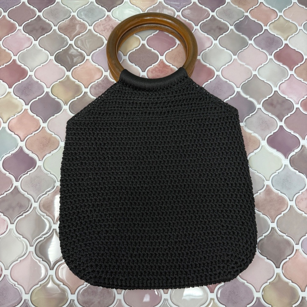 VTG Black Crochet Handbag with Round Wooden Handles - Picture 3 of 15